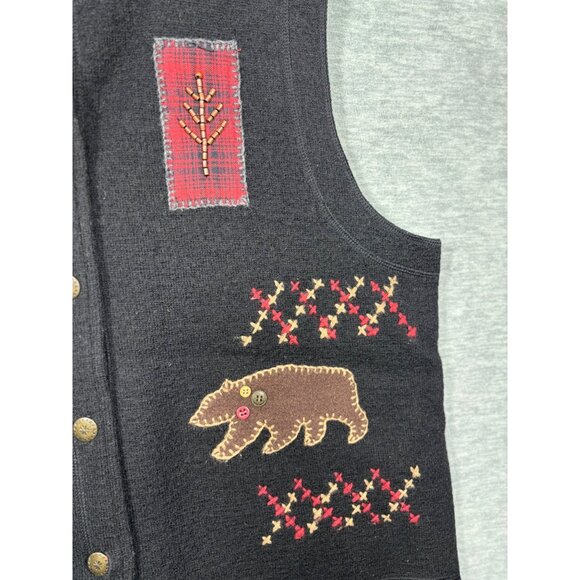 Woolrich Womens 100% Wool Vest L Black Cabin Patchwork‎ Bear Tree Buttons Rustic - Picture 4 of 7